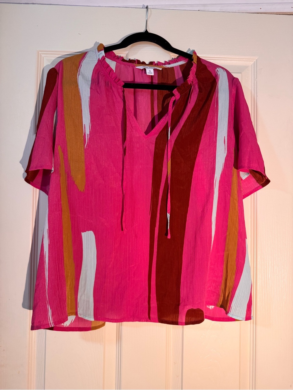 Nine West Pink Multicolor Brushstroke Tie-Neck Blouse XL